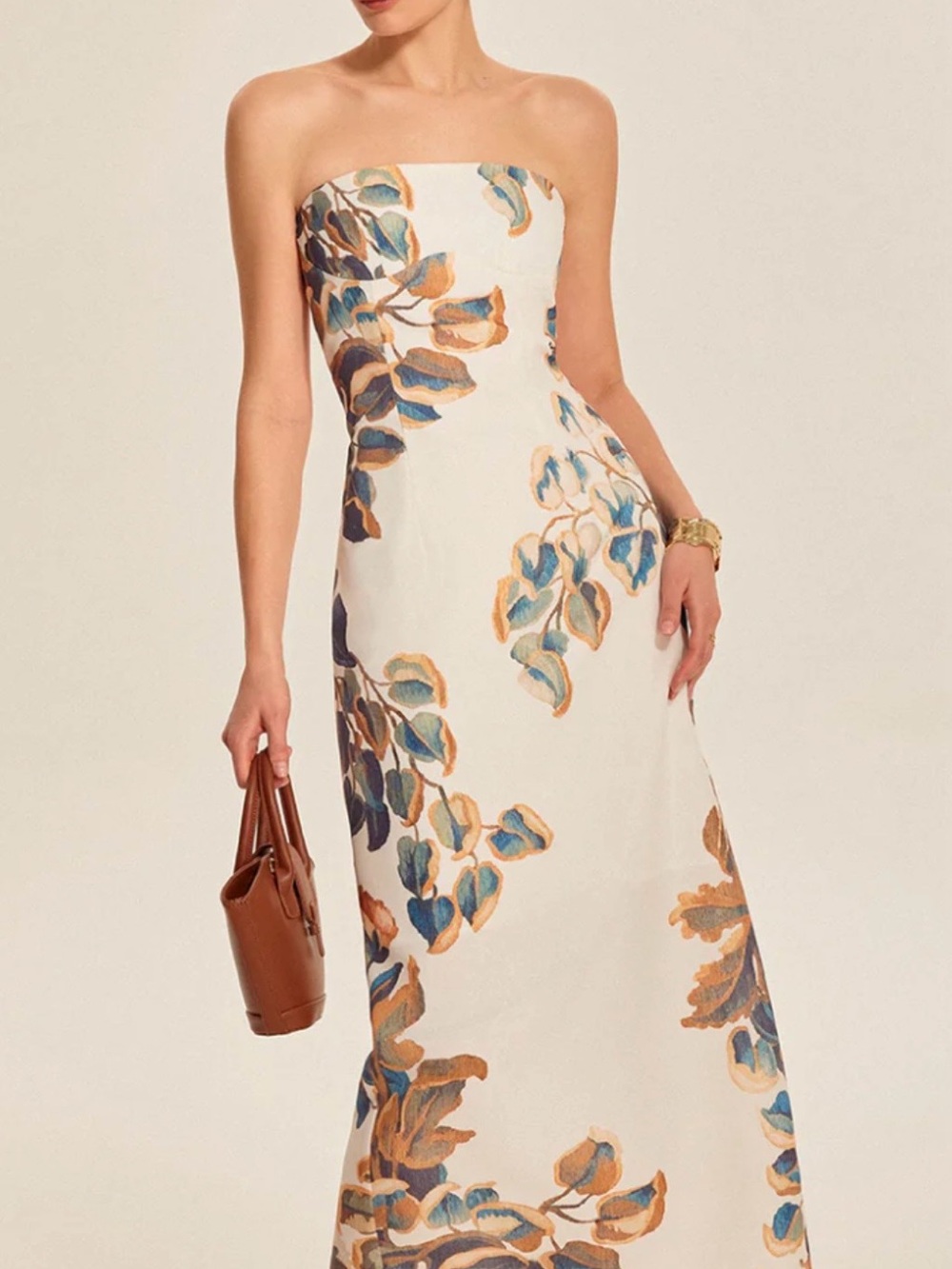 Commense Strapless Cream Maxi Dress with Blue and Brown Floral Print